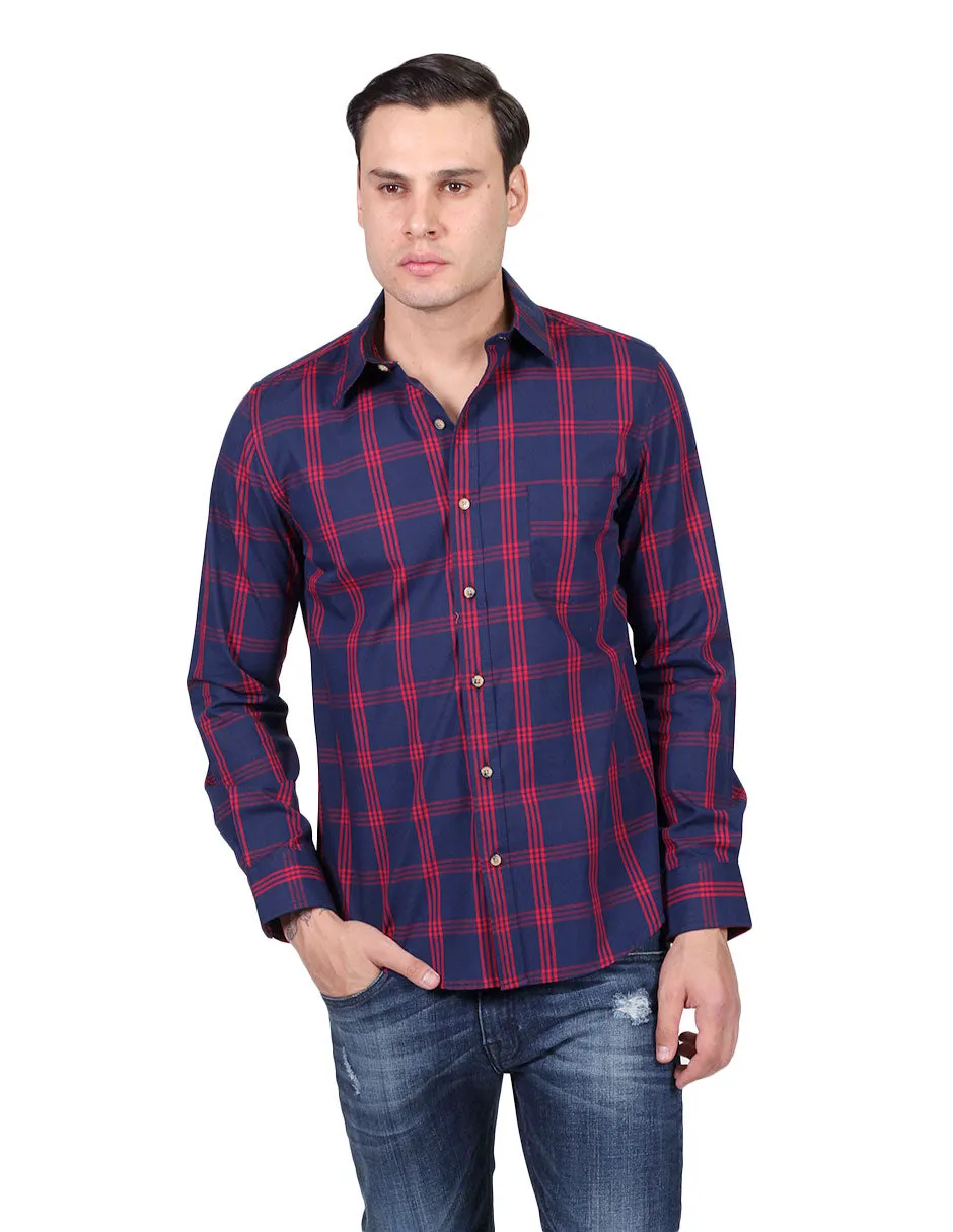 Camisas Para Hombre Manga Larga Cuadros Slim Fit Marino B25105