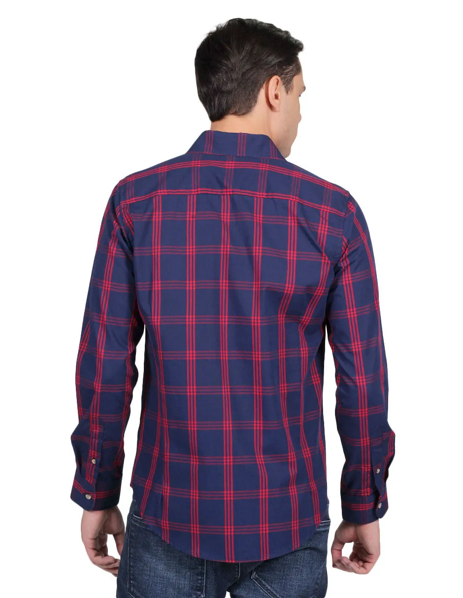 Camisas Para Hombre Manga Larga Cuadros Slim Fit Marino B25105
