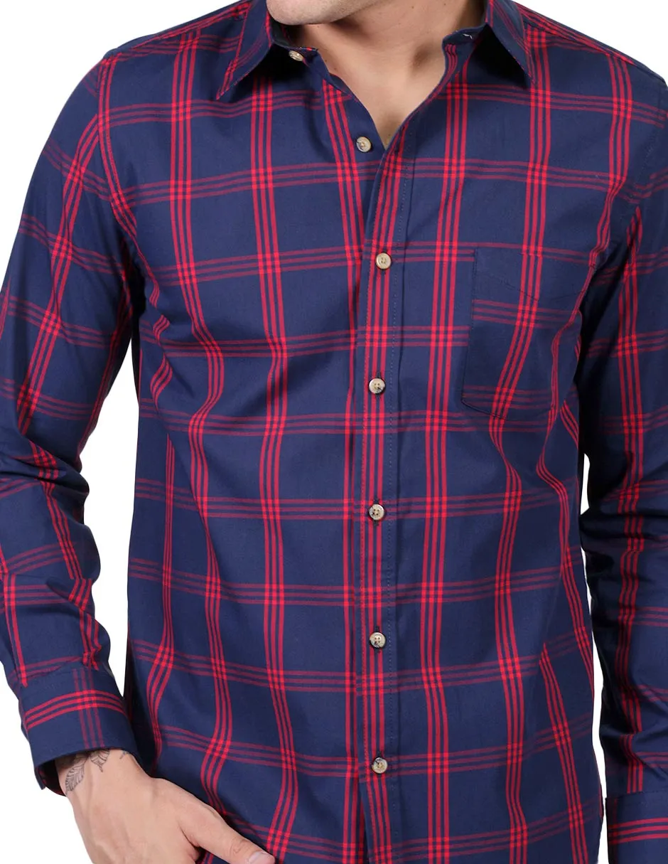 Camisas Para Hombre Manga Larga Cuadros Slim Fit Marino B25105