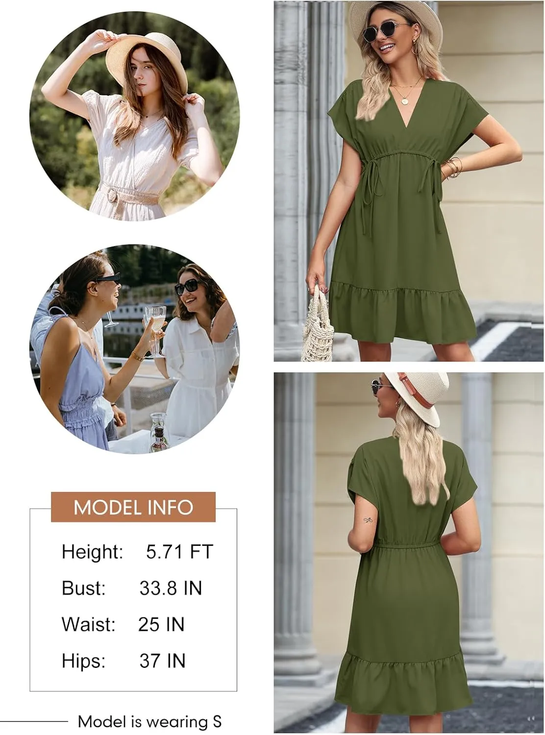 Dokotoo Womens Summer Dresses 2025 Short Sleeve V Neck Empire Waist Drawstring Casual Ruffle A-Line Swing Mini Babydoll Dress