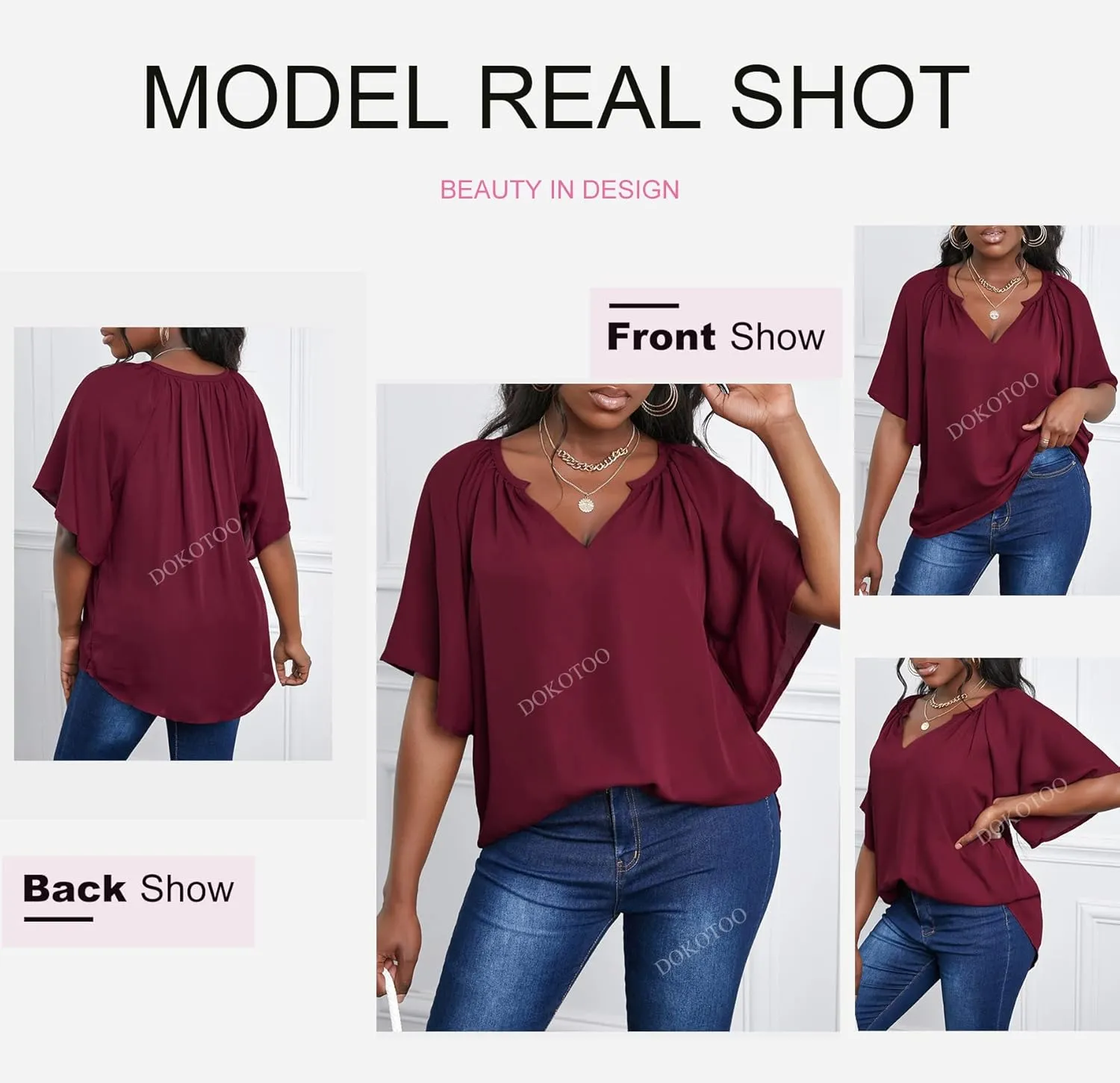 Dokotoo Womens Summer Tops V Neck Short Sleeve Shirts Business Work Chiffon Women Blouses