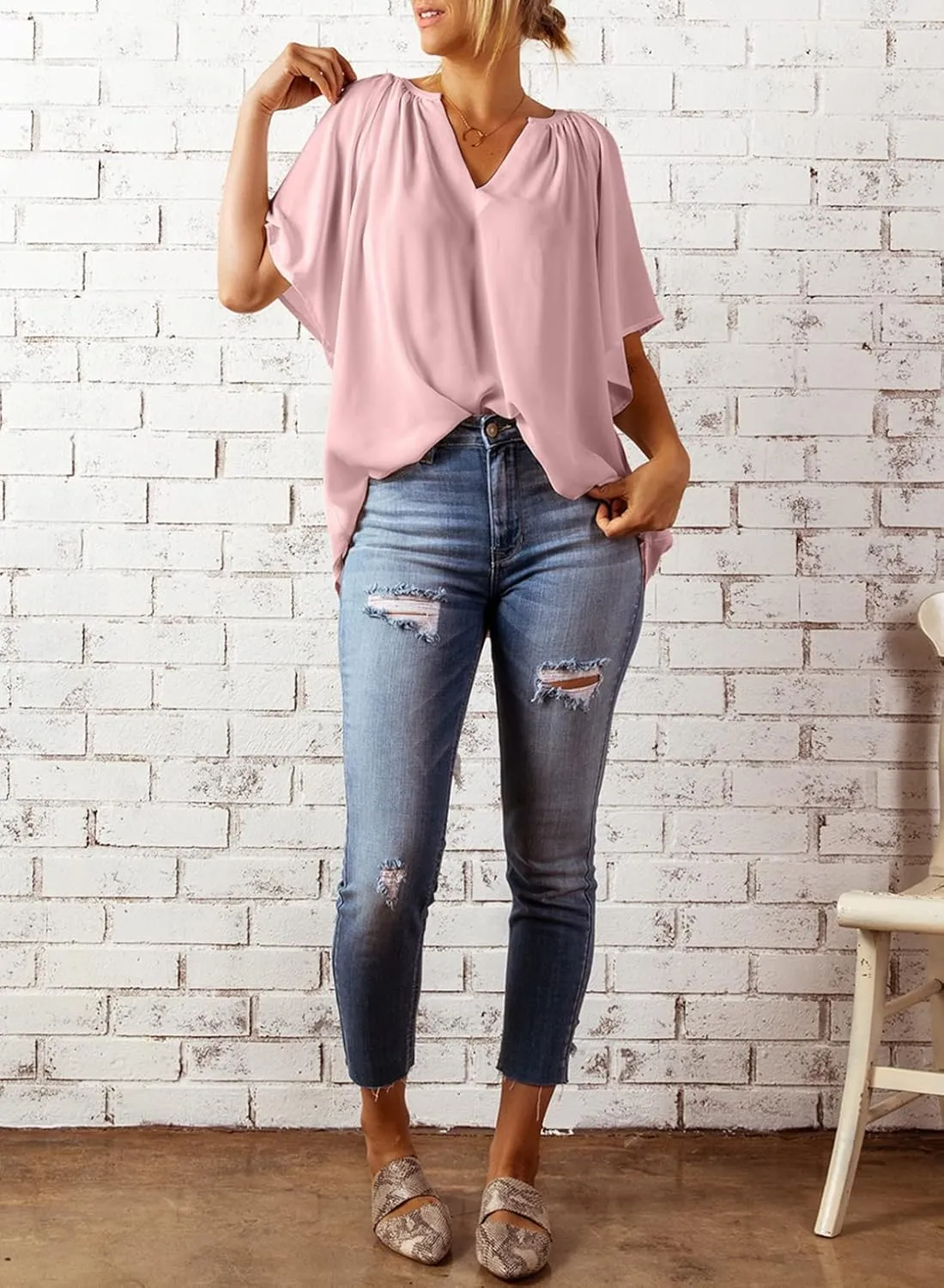 Dokotoo Womens Summer Tops V Neck Short Sleeve Shirts Business Work Chiffon Women Blouses