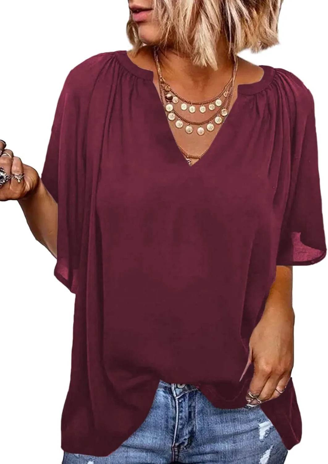 Dokotoo Womens Summer Tops V Neck Short Sleeve Shirts Business Work Chiffon Women Blouses