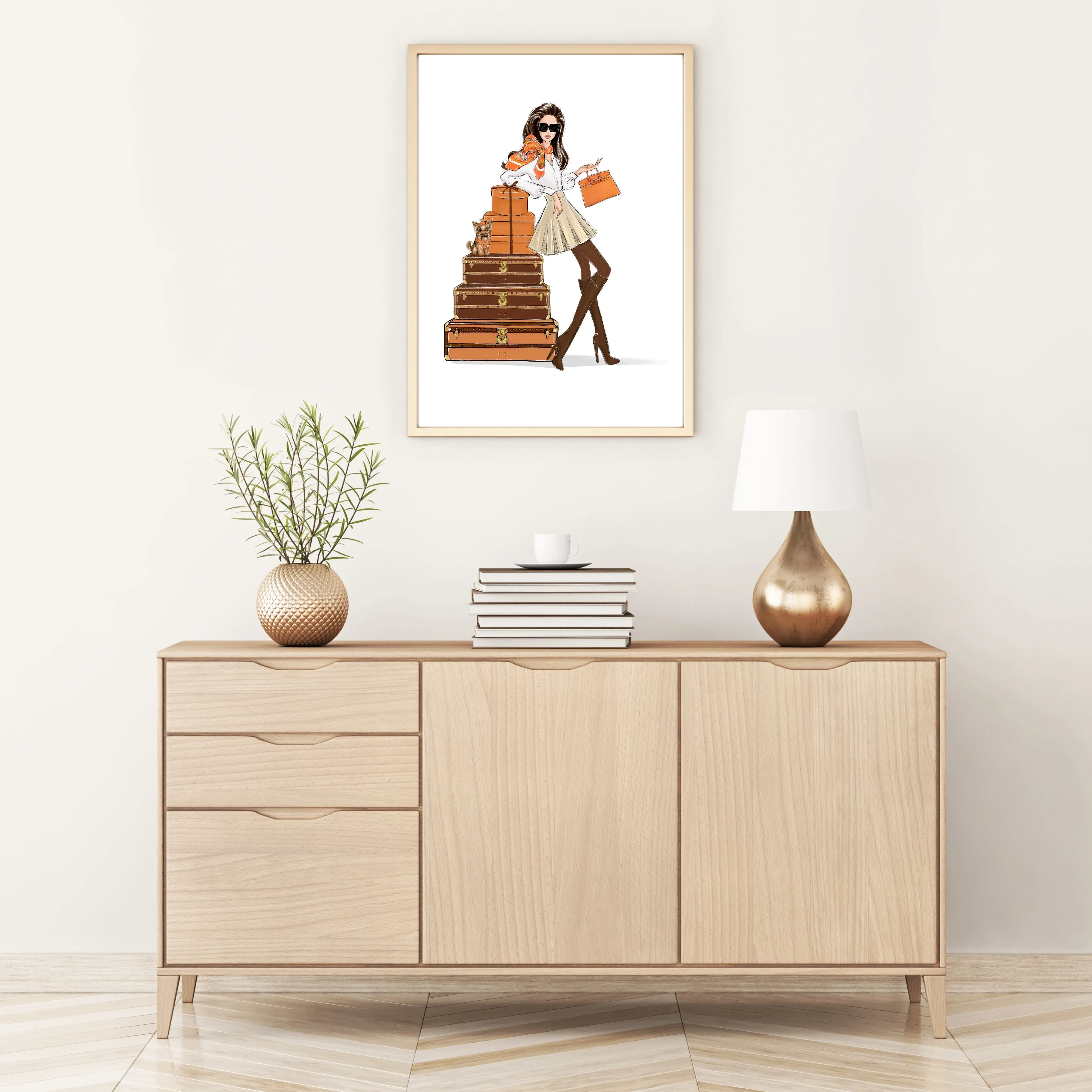 Fashion girl in classy outfit with vintage suitcases and gift boxes art print fashion illustration in orange tones