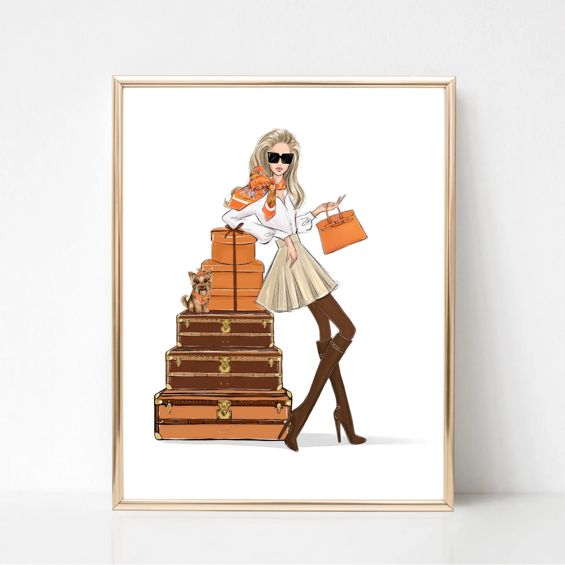 Fashion girl in classy outfit with vintage suitcases and gift boxes art print fashion illustration in orange tones
