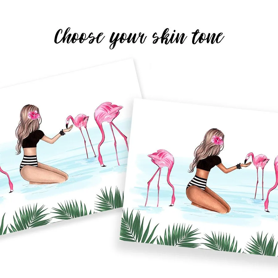 Fashion illustration art print tropical beach wall art of a beautiful girl with pink flamingos