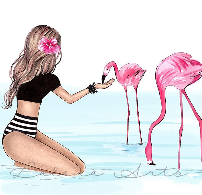 Fashion illustration art print tropical beach wall art of a beautiful girl with pink flamingos
