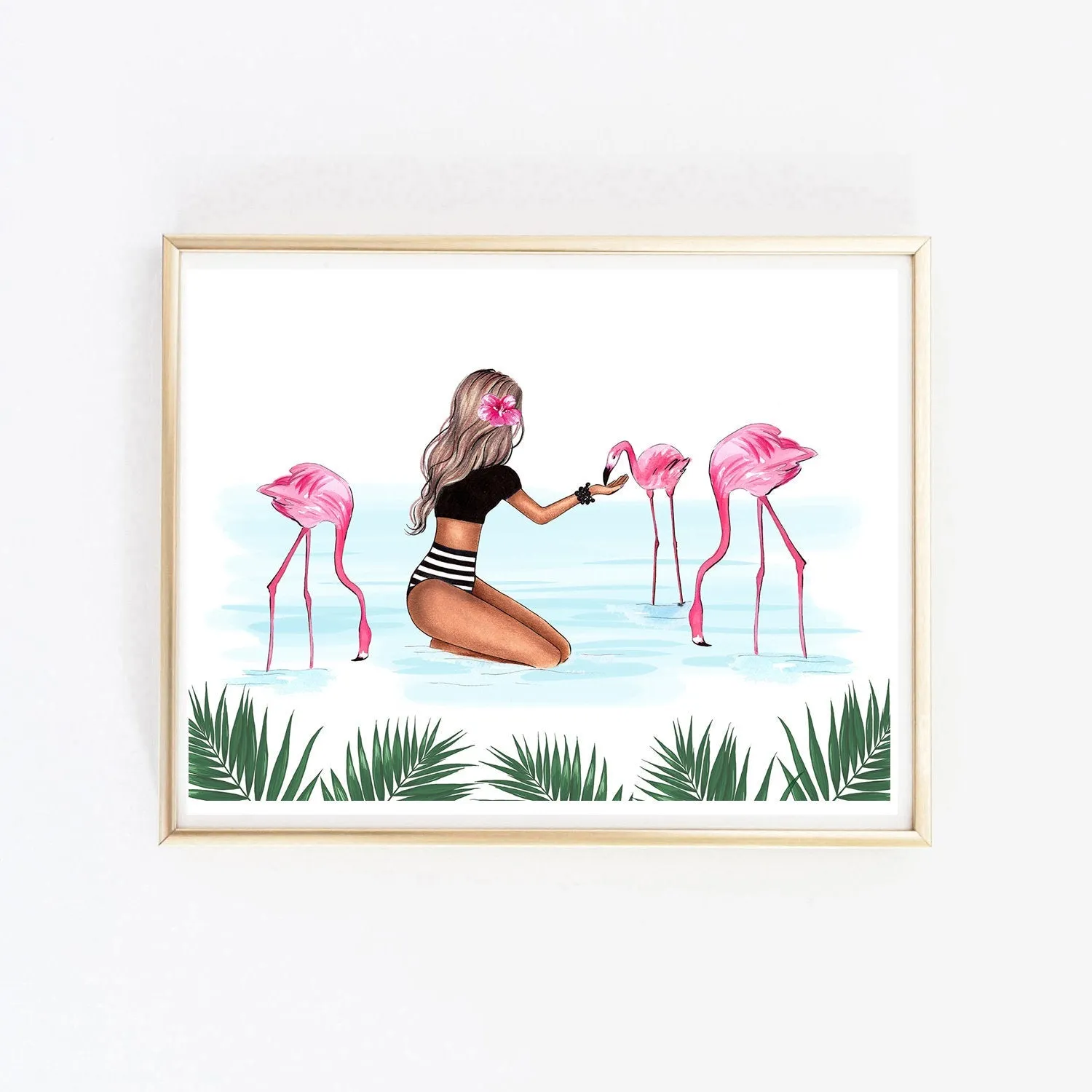 Fashion illustration art print tropical beach wall art of a beautiful girl with pink flamingos