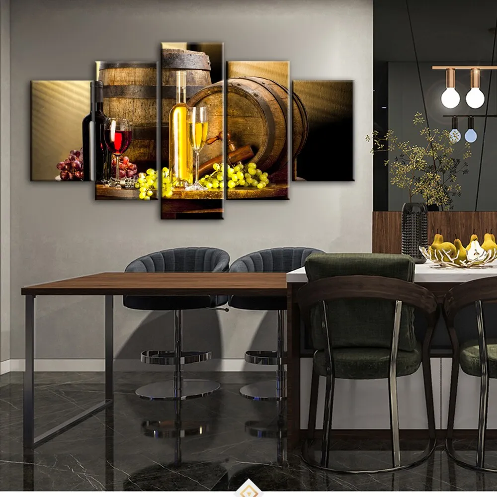 Five-Panel Grape Wine-Themed Canvas Wall Art for Kitchen and Bar Decor