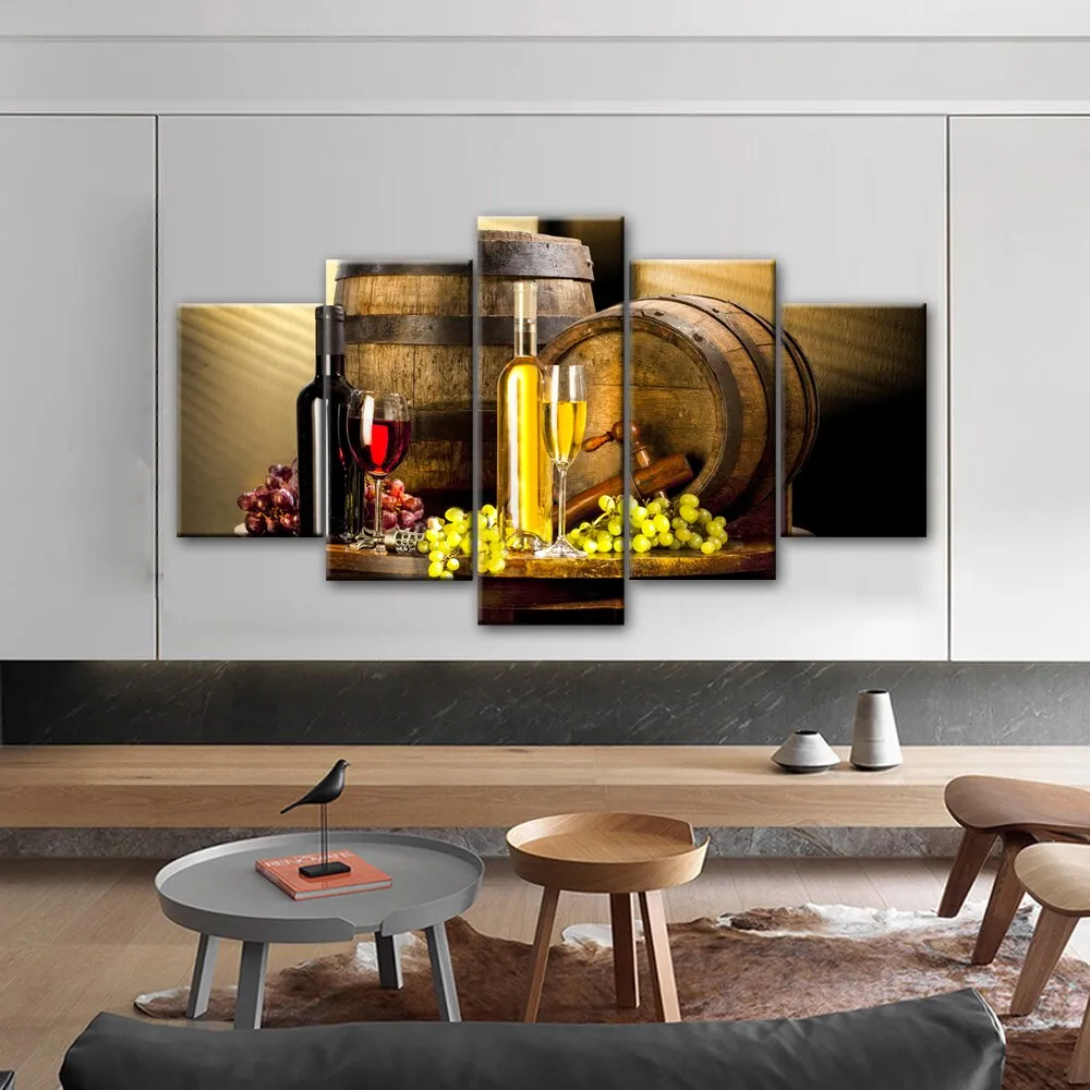 Five-Panel Grape Wine-Themed Canvas Wall Art for Kitchen and Bar Decor