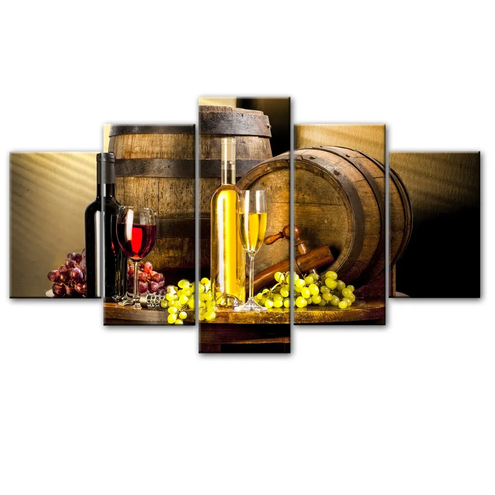 Five-Panel Grape Wine-Themed Canvas Wall Art for Kitchen and Bar Decor