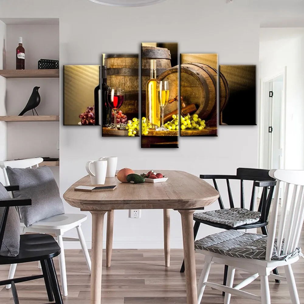 Five-Panel Grape Wine-Themed Canvas Wall Art for Kitchen and Bar Decor