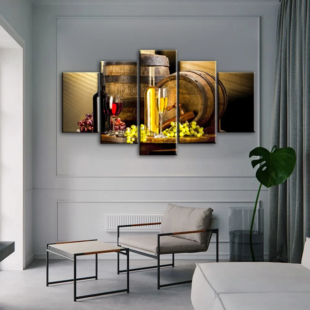 Five-Panel Grape Wine-Themed Canvas Wall Art for Kitchen and Bar Decor