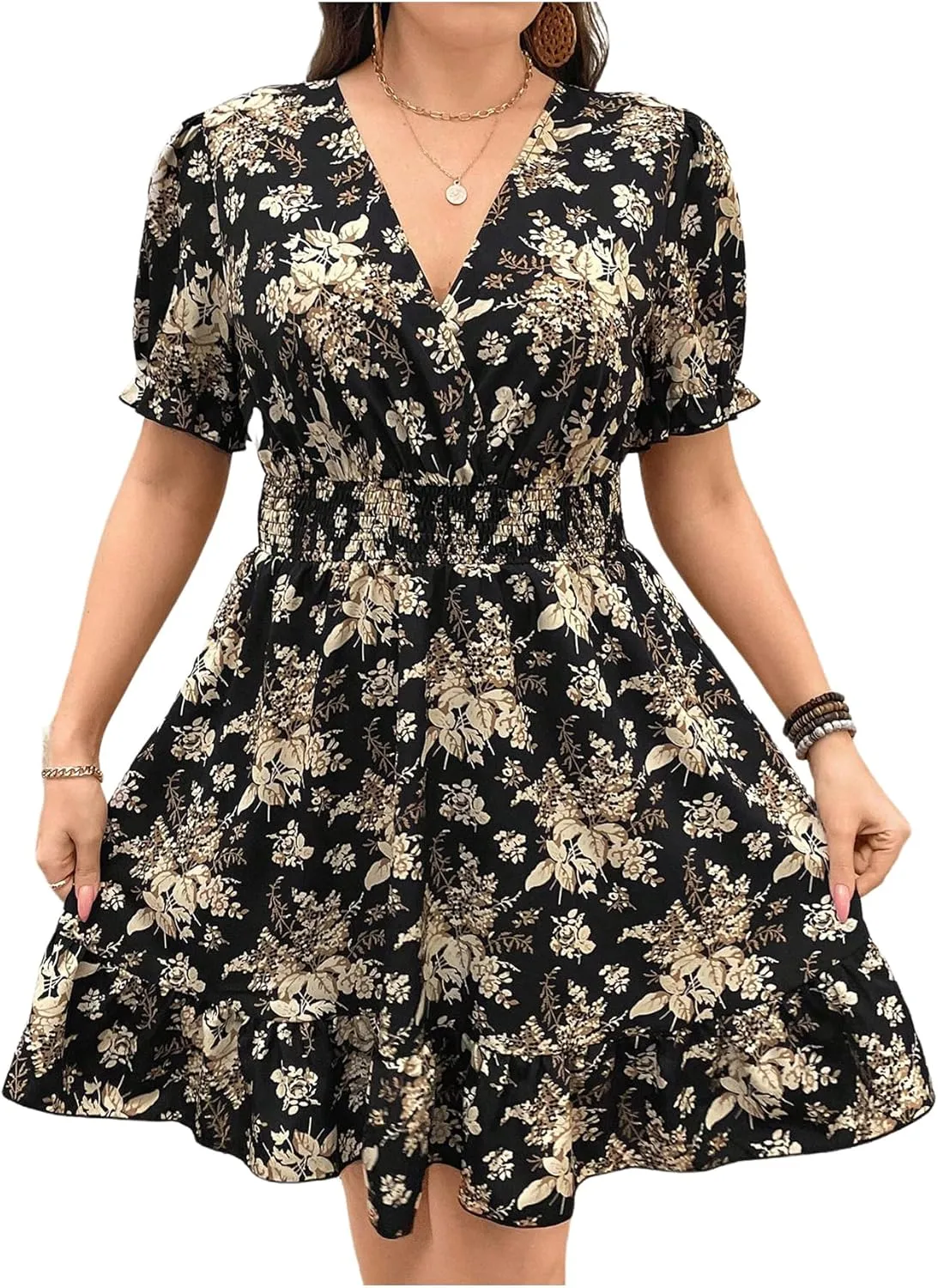 Floerns Women's Plus Size Wrap V Neck Short Sleeve Ruffle Hem A Line Short Dress