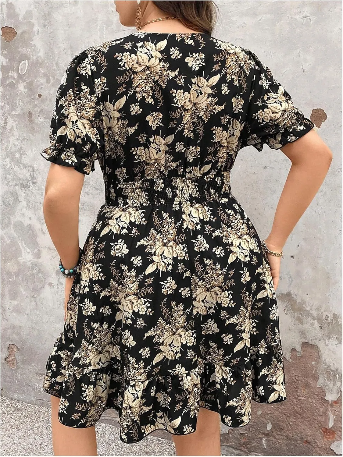 Floerns Women's Plus Size Wrap V Neck Short Sleeve Ruffle Hem A Line Short Dress