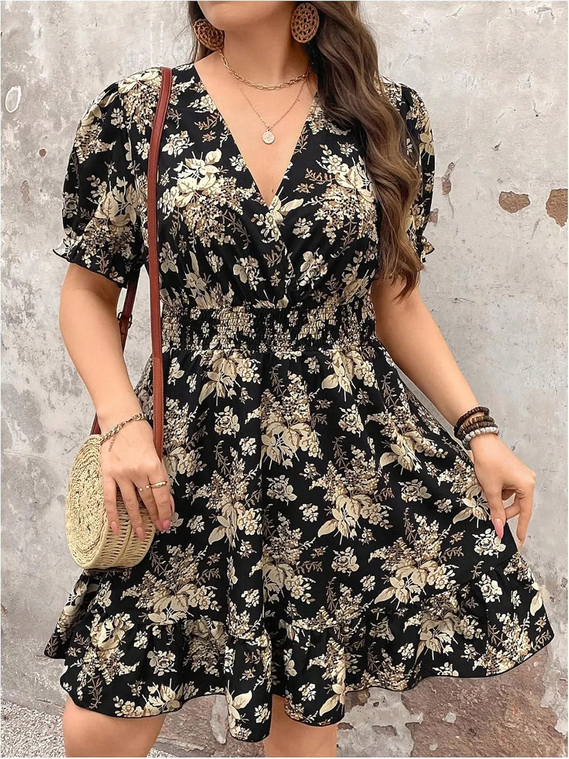 Floerns Women's Plus Size Wrap V Neck Short Sleeve Ruffle Hem A Line Short Dress