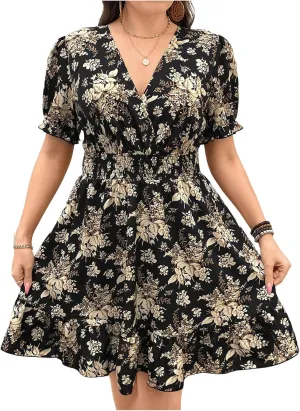 Floerns Women's Plus Size Wrap V Neck Short Sleeve Ruffle Hem A Line Short Dress