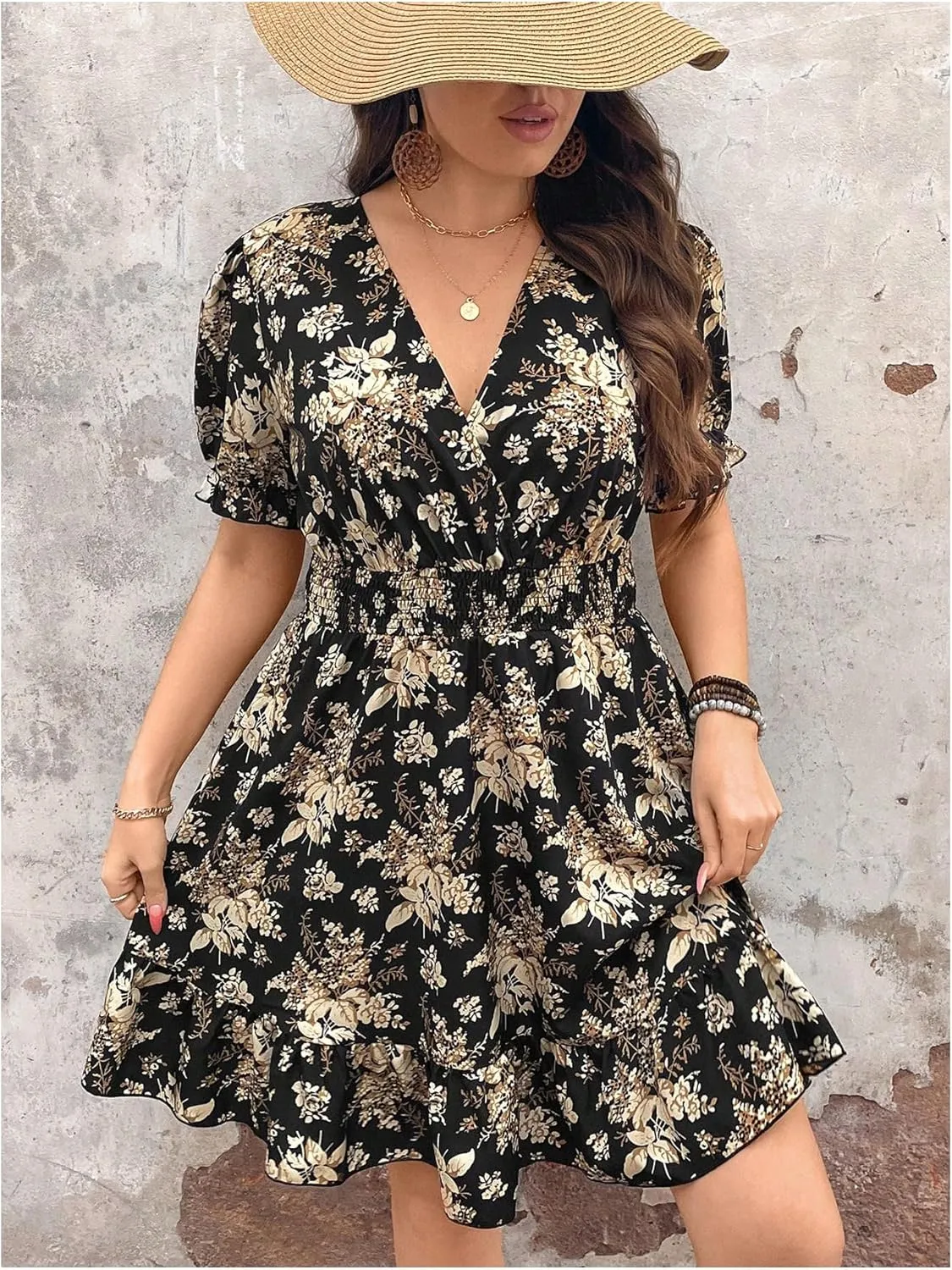 Floerns Women's Plus Size Wrap V Neck Short Sleeve Ruffle Hem A Line Short Dress