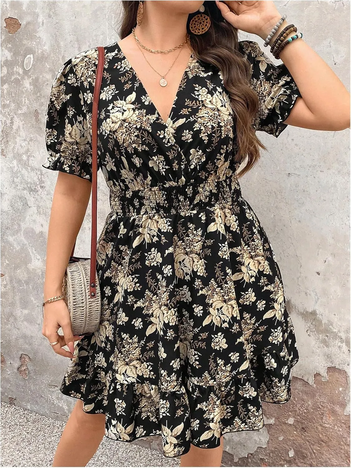 Floerns Women's Plus Size Wrap V Neck Short Sleeve Ruffle Hem A Line Short Dress