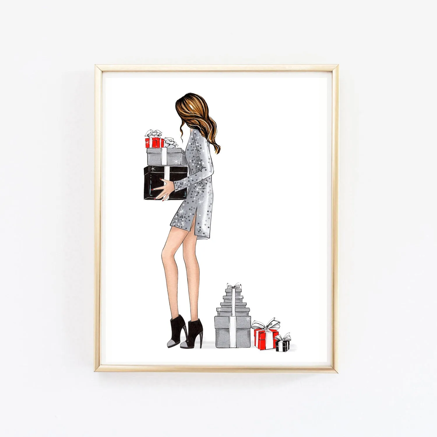 Girl with Christmas gifts art print fashion illustration