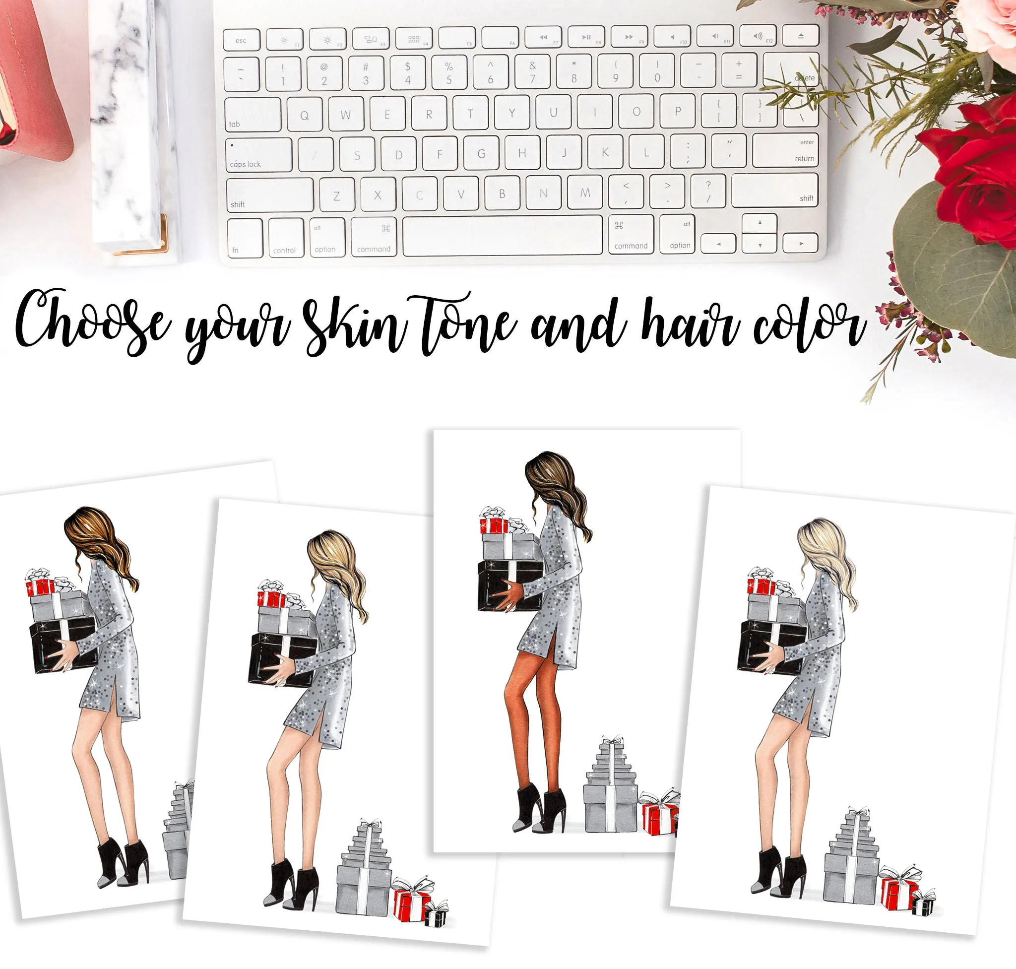 Girl with Christmas gifts art print fashion illustration