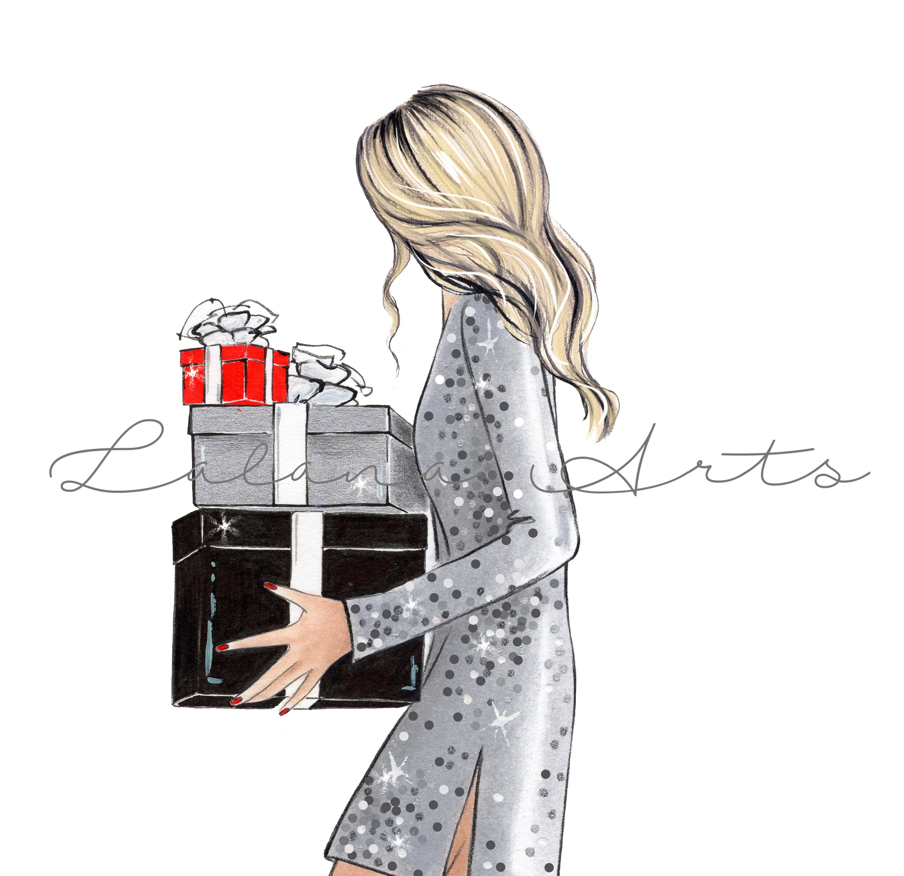 Girl with Christmas gifts art print fashion illustration