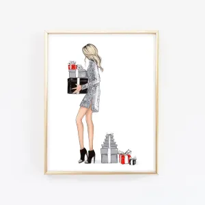 Girl with Christmas gifts art print fashion illustration