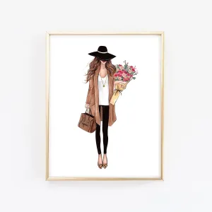 Girl with fall bouquet flowers fashion illustration art print on paper