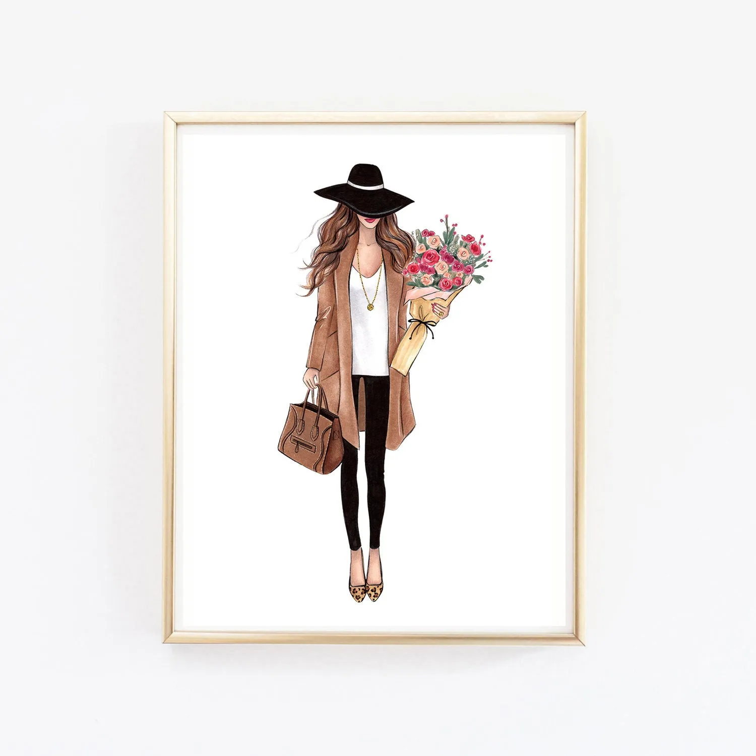 Girl with fall bouquet flowers fashion illustration art print on paper