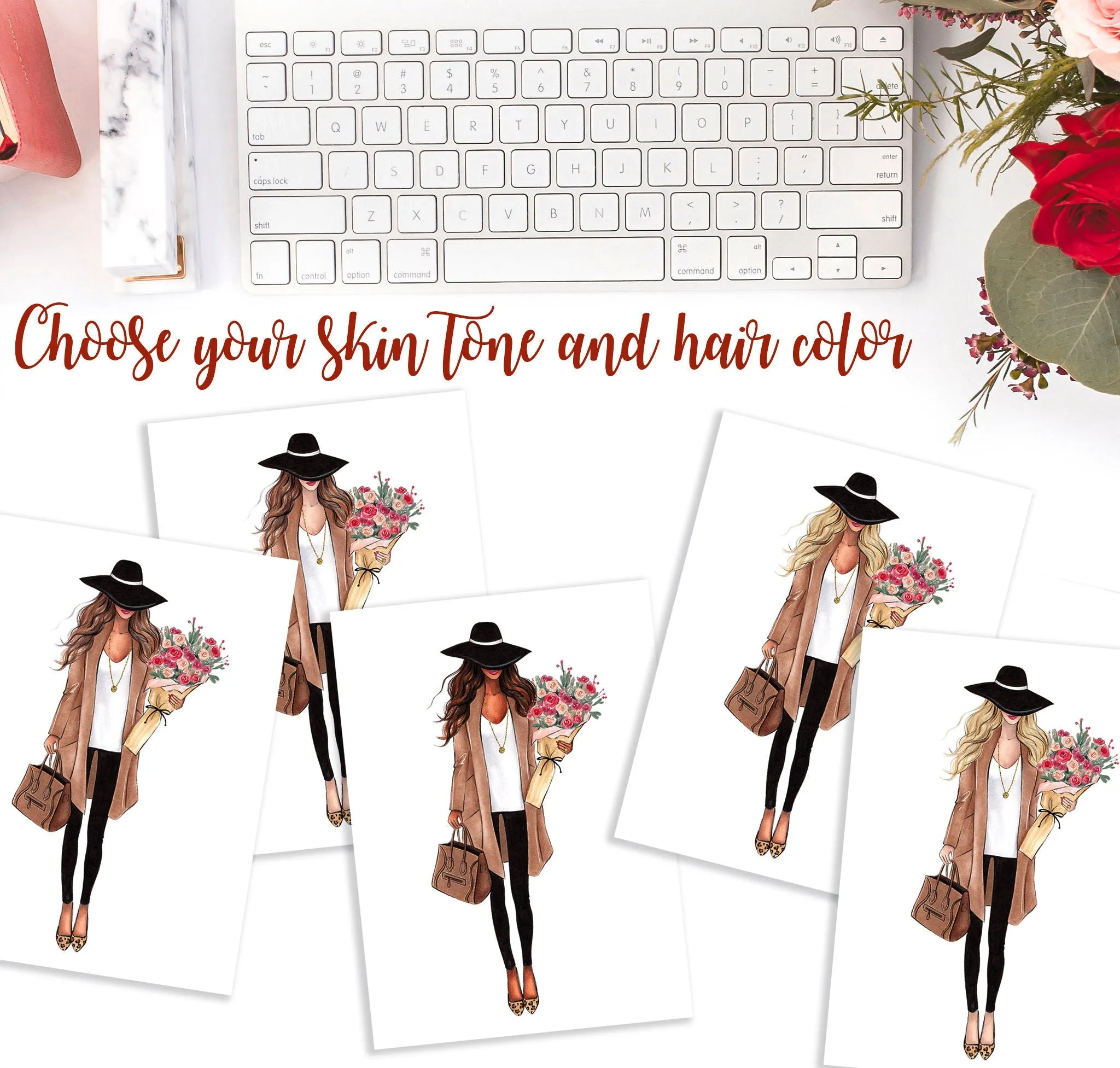 Girl with fall bouquet flowers fashion illustration art print on paper