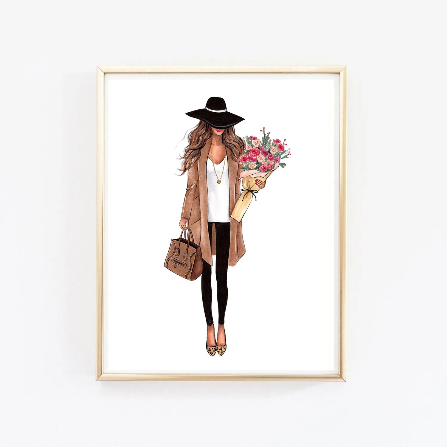 Girl with fall bouquet flowers fashion illustration art print on paper