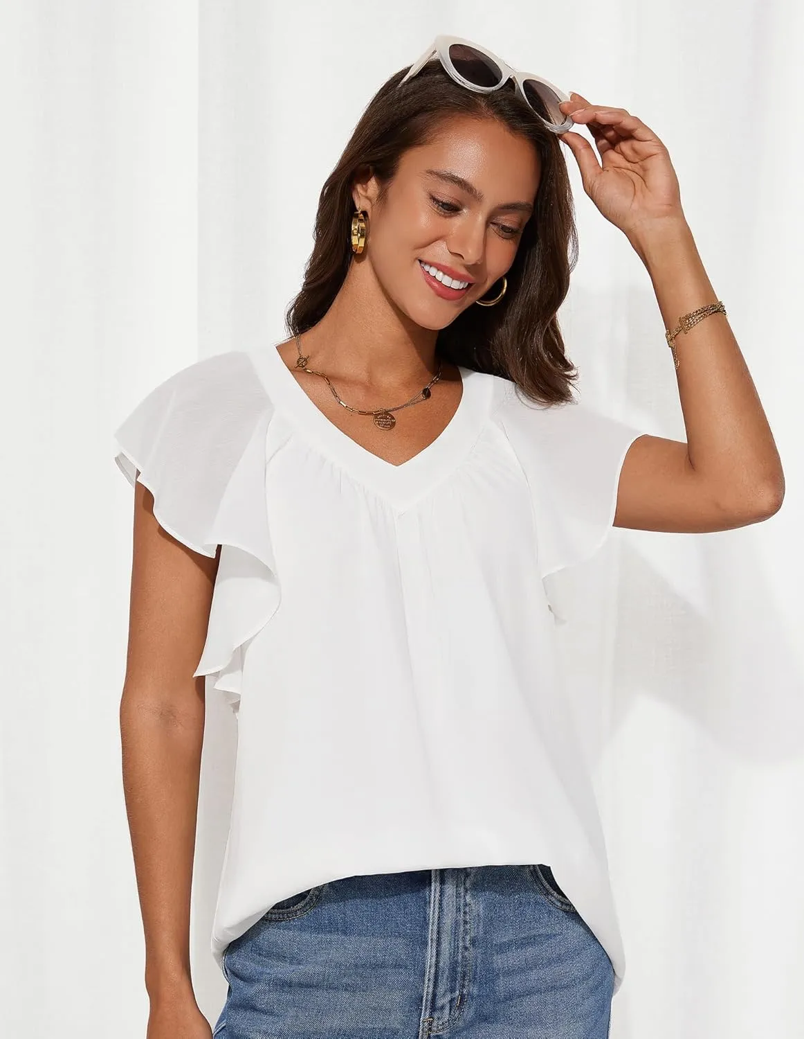 GRACE KARIN 2025 Womens Dressy Casual Ruffle Short Sleeve Summer Tops V Neck Loose Fit Blouse Chiffon Shirt