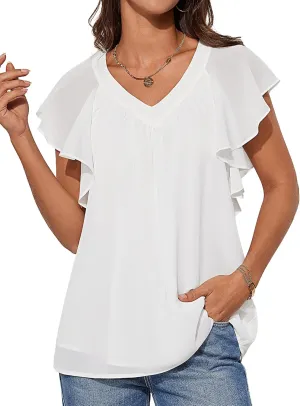 GRACE KARIN 2025 Womens Dressy Casual Ruffle Short Sleeve Summer Tops V Neck Loose Fit Blouse Chiffon Shirt