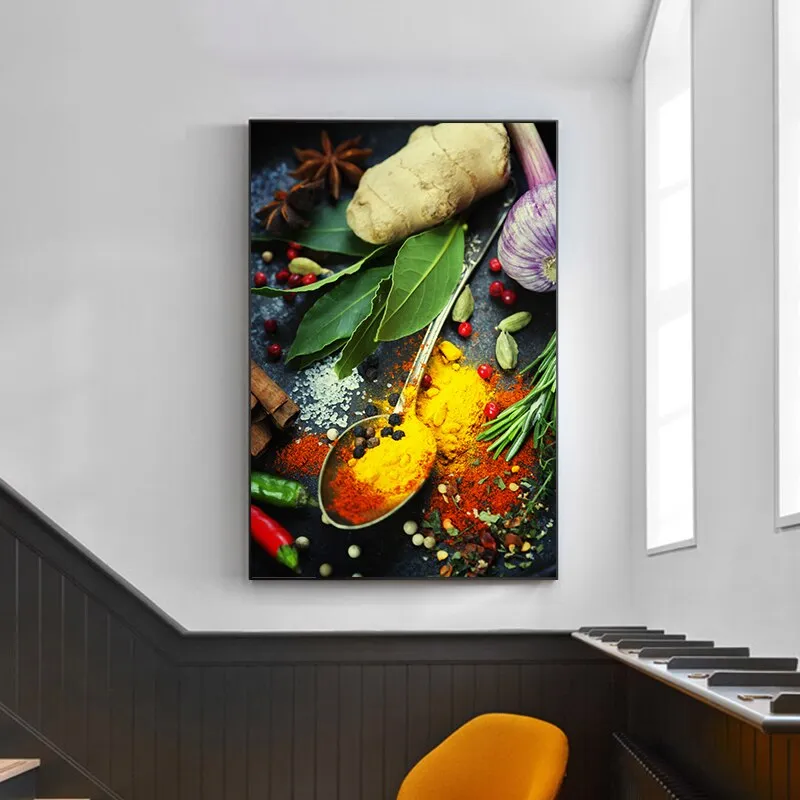 Grains, Spices, and Spoon Canvas Oil Painting: Kitchen Wall Art
