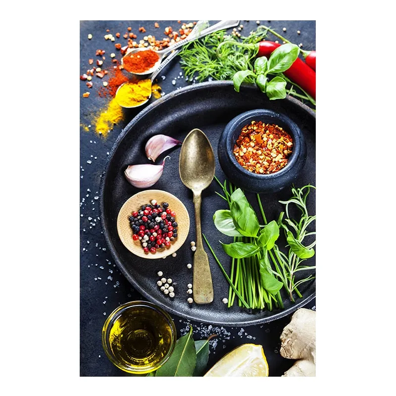 Grains, Spices, and Spoon Canvas Oil Painting: Kitchen Wall Art
