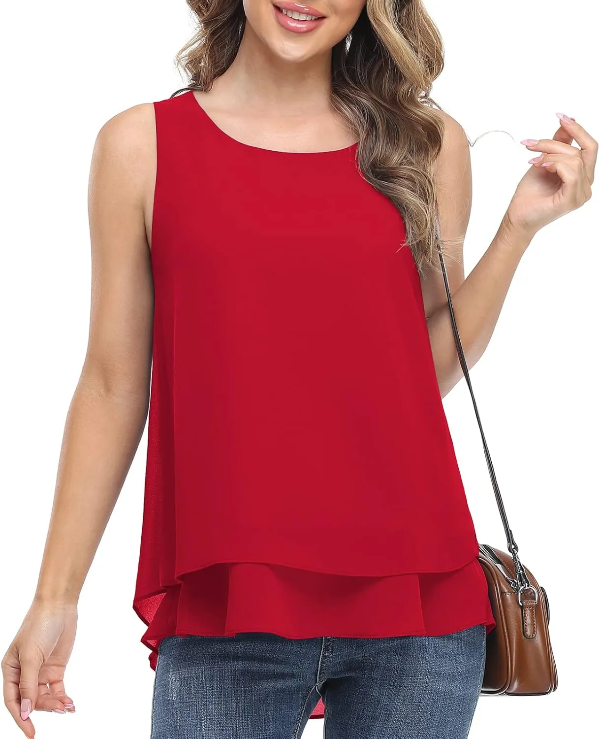 Jouica Women's Sleeveless Chiffon Tank Top Double Layers Casual Blouse Tunic