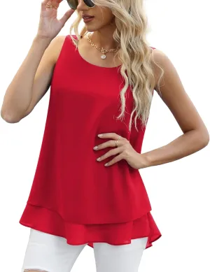 Jouica Women's Sleeveless Chiffon Tank Top Double Layers Casual Blouse Tunic