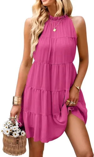 KIRUNDO Womens Summer Dresses 2025 Casual Halter Sundress Sleeveless Flowy Mini Babydoll Tiered Pleated Beach Dress