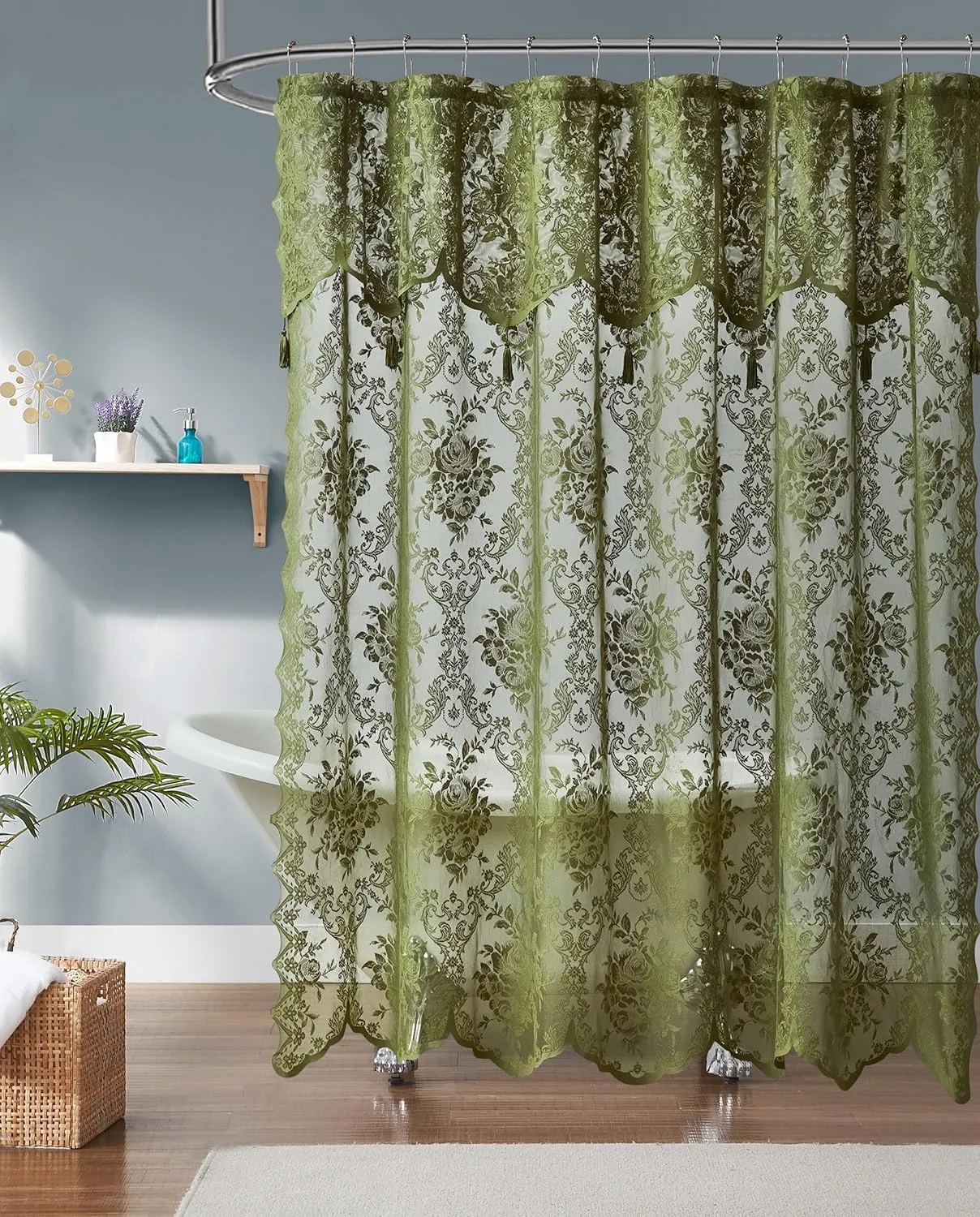 LA Sage Green Shower Curtain 36 x 72 Inches with Attached Valance & 4 Tassels. Luxury Lace Small Shower Curtain for Bathroom or RV