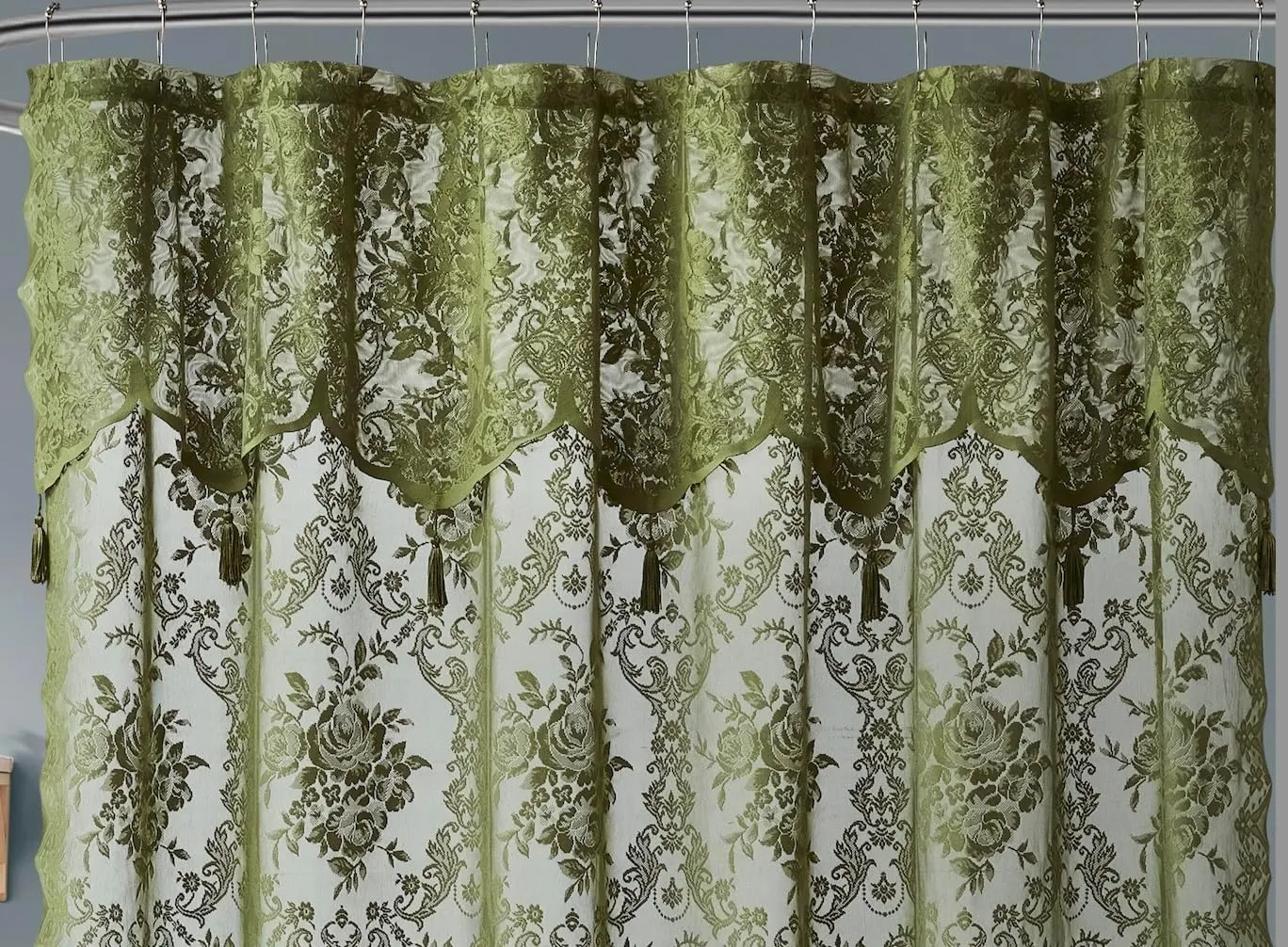 LA Sage Green Shower Curtain 36 x 72 Inches with Attached Valance & 4 Tassels. Luxury Lace Small Shower Curtain for Bathroom or RV