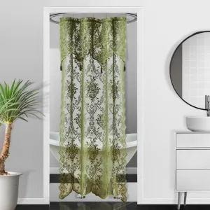 LA Sage Green Shower Curtain 36 x 72 Inches with Attached Valance & 4 Tassels. Luxury Lace Small Shower Curtain for Bathroom or RV