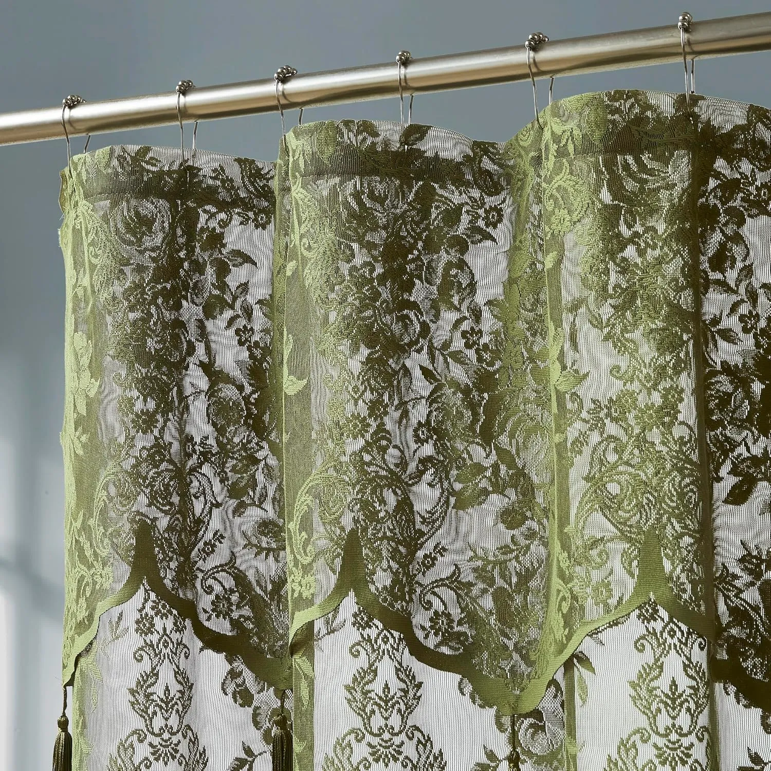 LA Sage Green Shower Curtain 36 x 72 Inches with Attached Valance & 4 Tassels. Luxury Lace Small Shower Curtain for Bathroom or RV