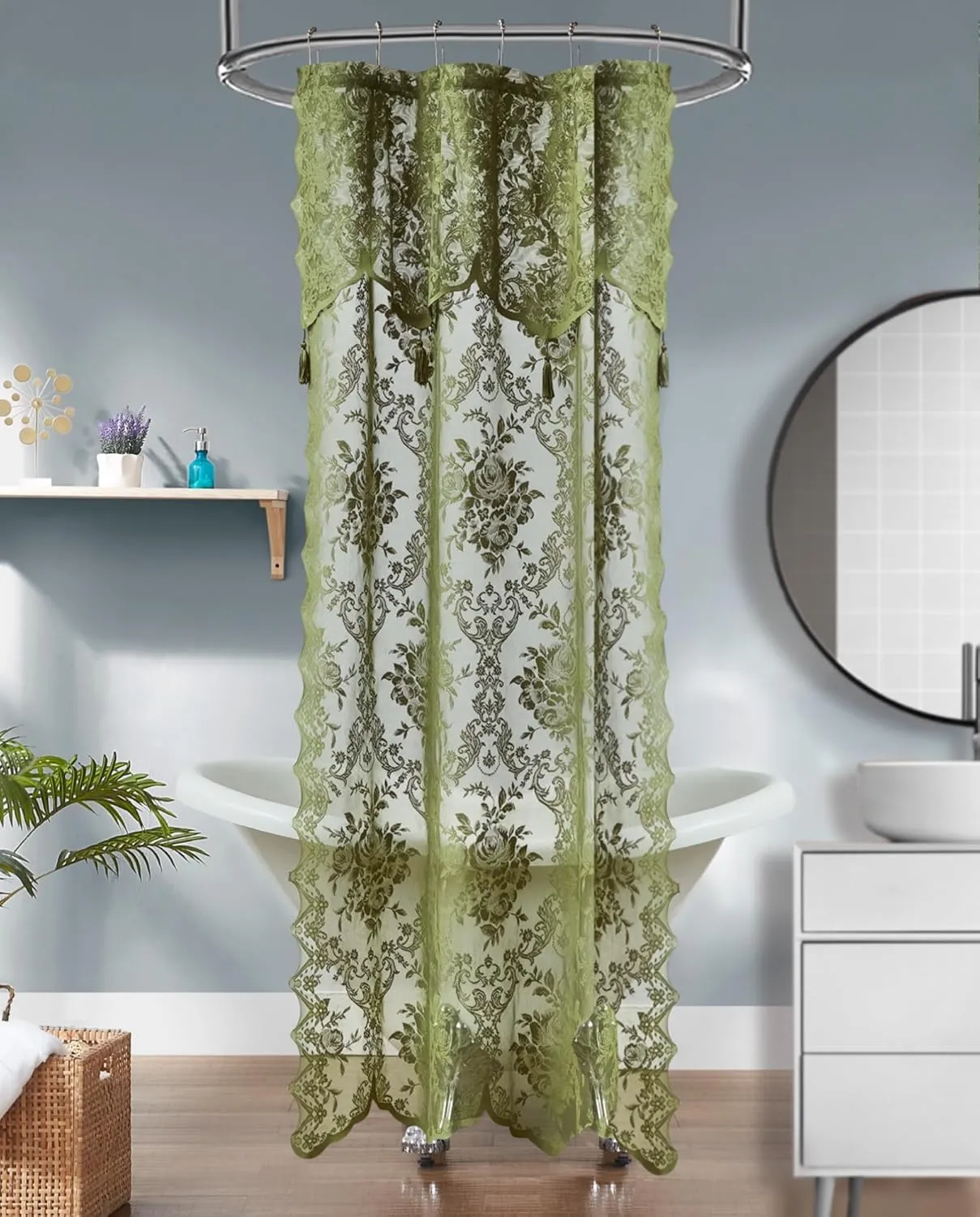 LA Sage Green Shower Curtain 36 x 72 Inches with Attached Valance & 4 Tassels. Luxury Lace Small Shower Curtain for Bathroom or RV