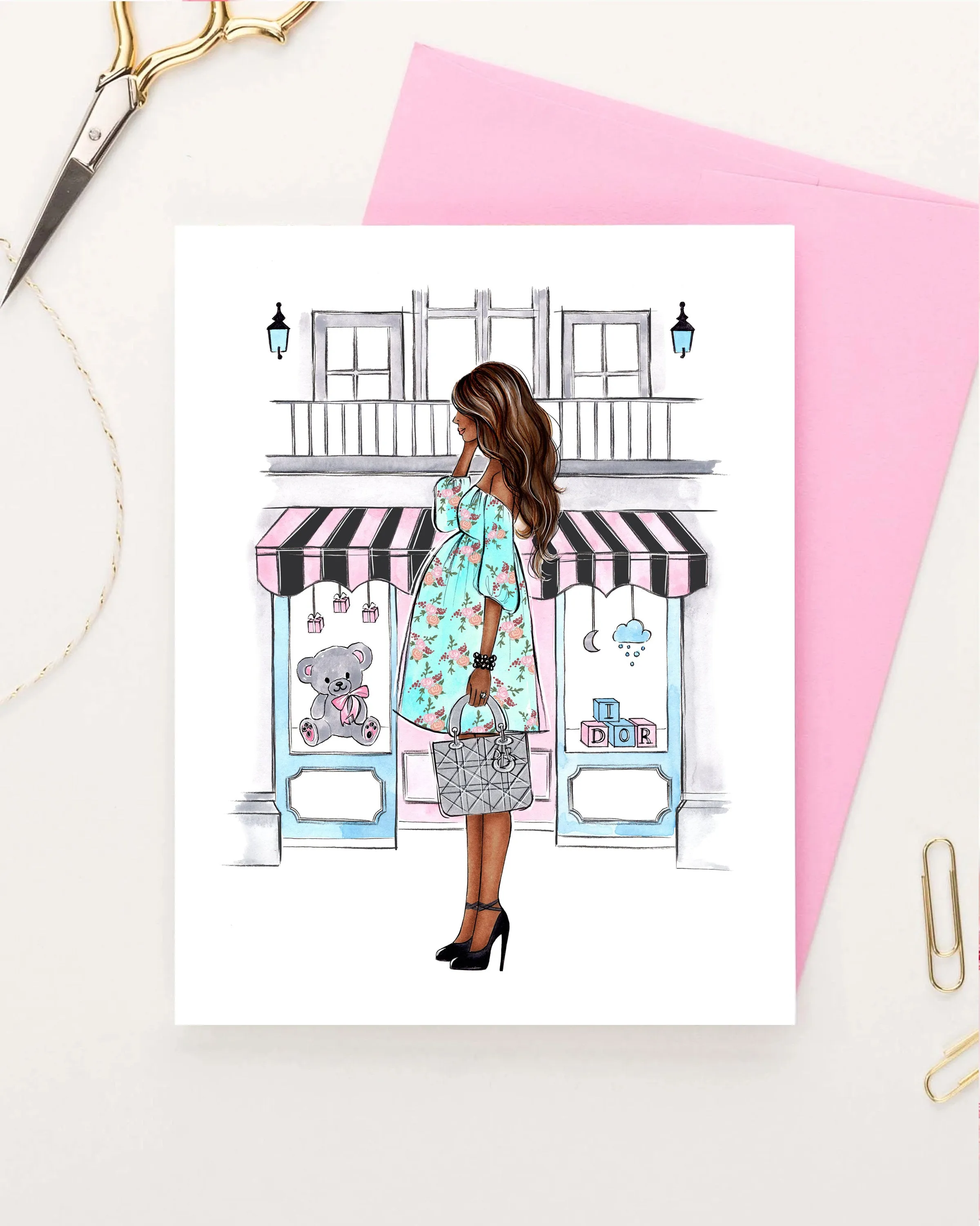 Mom to be greeting card fashion illustration