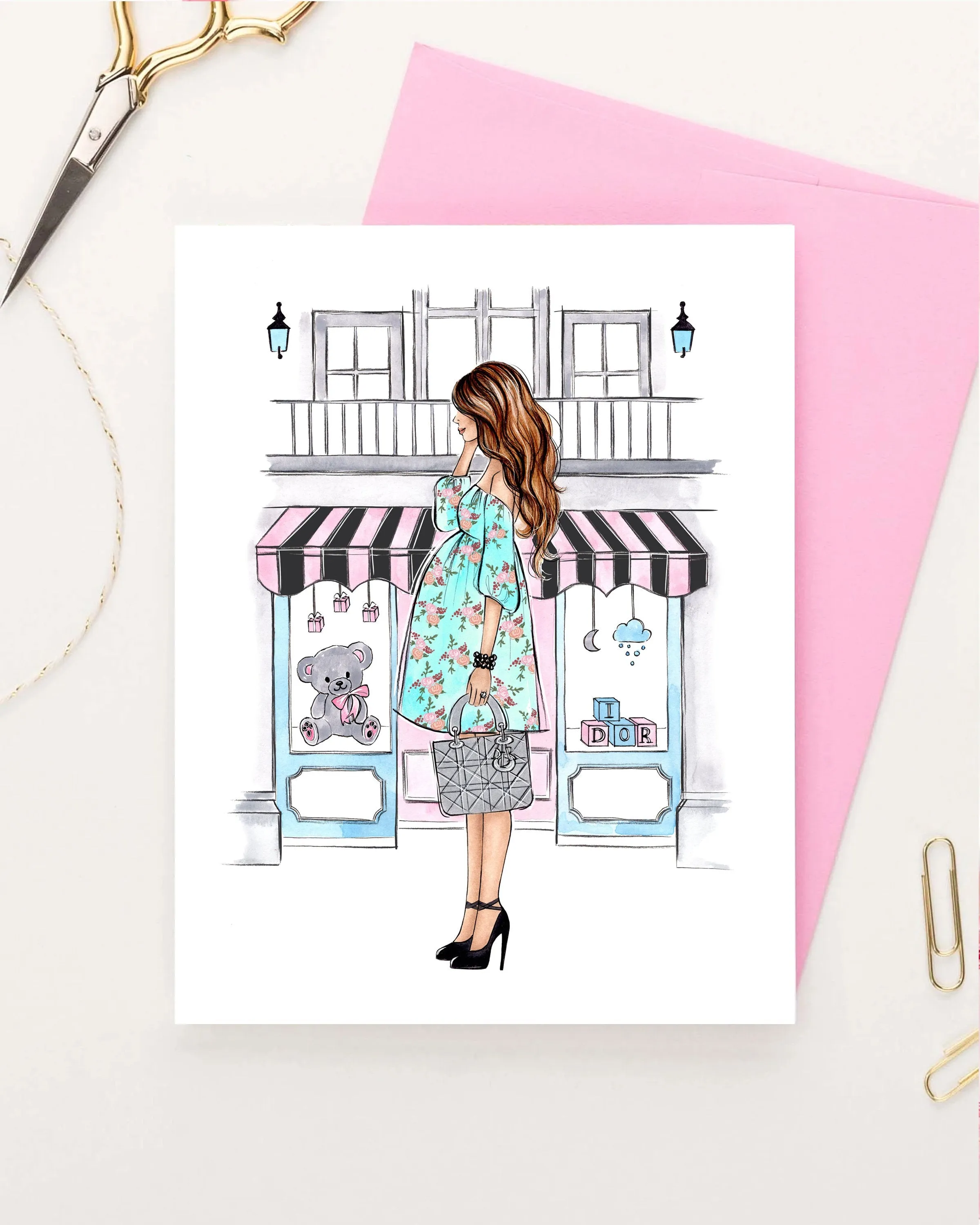 Mom to be greeting card fashion illustration