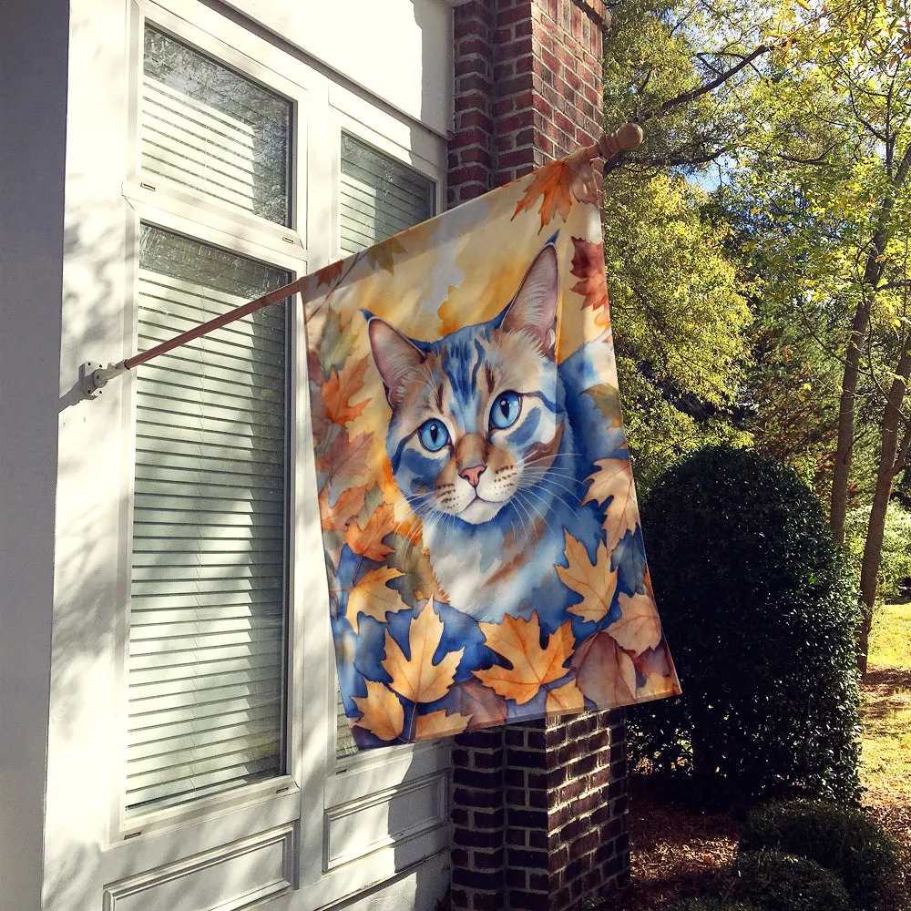 Ojos Azules Cat in Fall Leaves House Flag