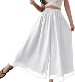Oplxuo Womens Layered Wide Leg Pants High Waist Chiffon Flowy Palazzo Casual Loose Summer Beach Solid Trousers