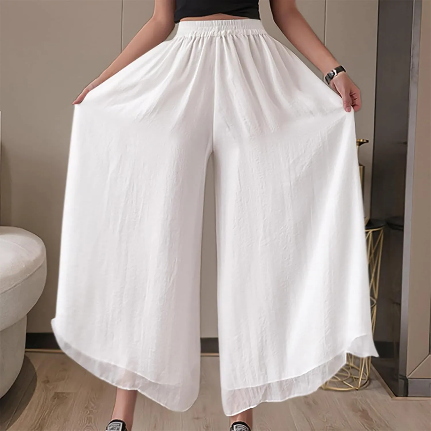 Oplxuo Womens Layered Wide Leg Pants High Waist Chiffon Flowy Palazzo Casual Loose Summer Beach Solid Trousers