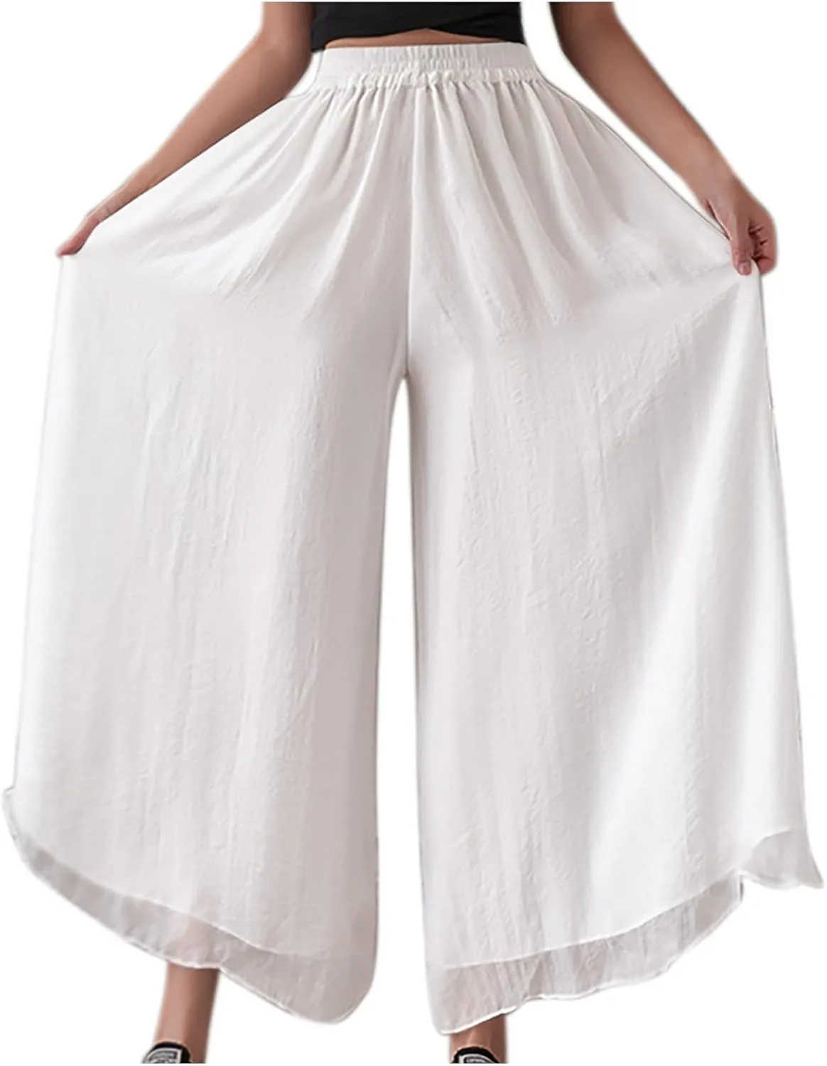 Oplxuo Womens Layered Wide Leg Pants High Waist Chiffon Flowy Palazzo Casual Loose Summer Beach Solid Trousers