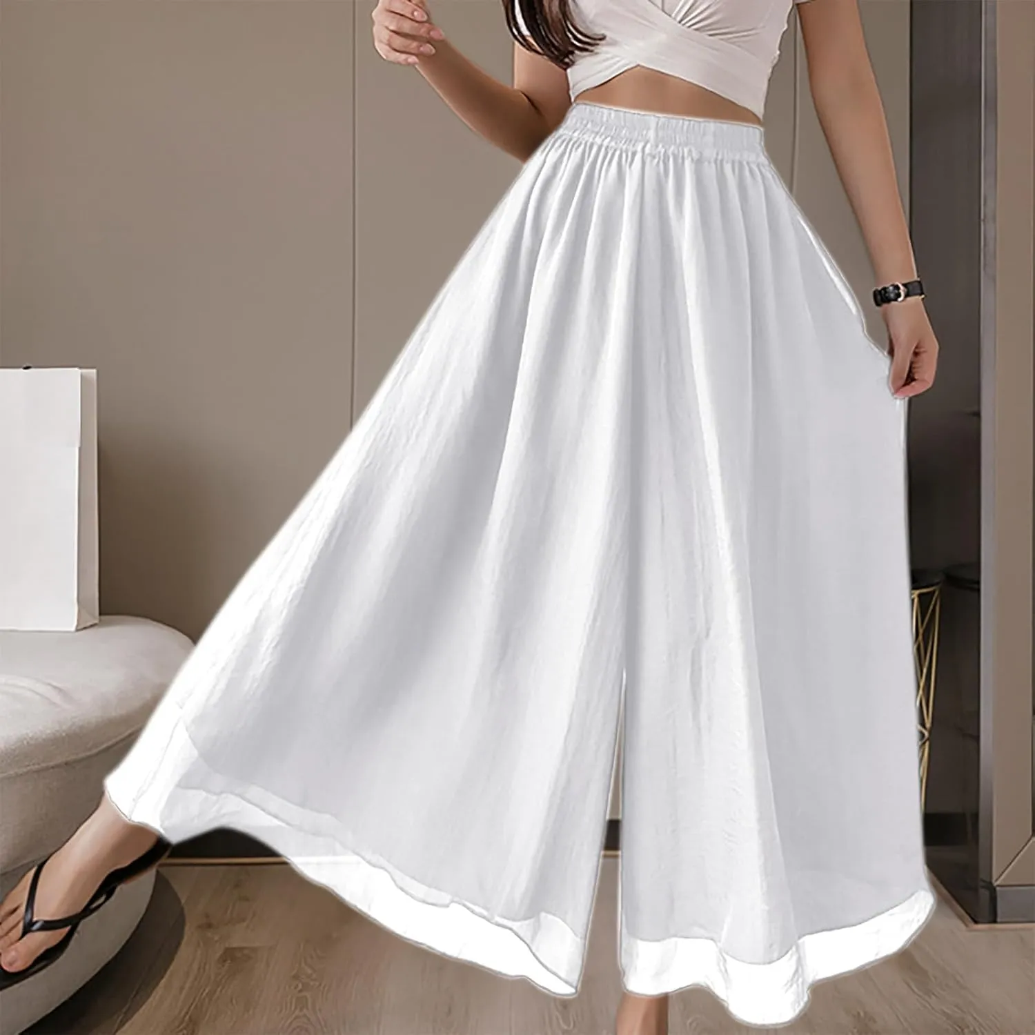 Oplxuo Womens Layered Wide Leg Pants High Waist Chiffon Flowy Palazzo Casual Loose Summer Beach Solid Trousers